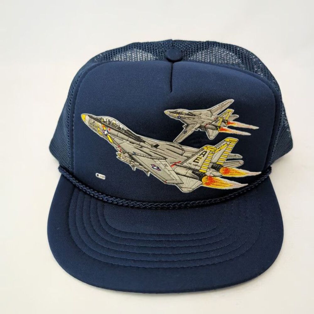 Vtg 1988 F-14 Tomcat Hat USS America Navy Fighter Jet Snapback Trucker Cap Blue